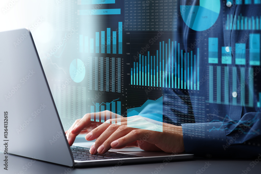 Fototapete Business management analysis using spreadsheet software. Financial graphs and table calculations. Businessman using laptop computer to analyze business conditions.