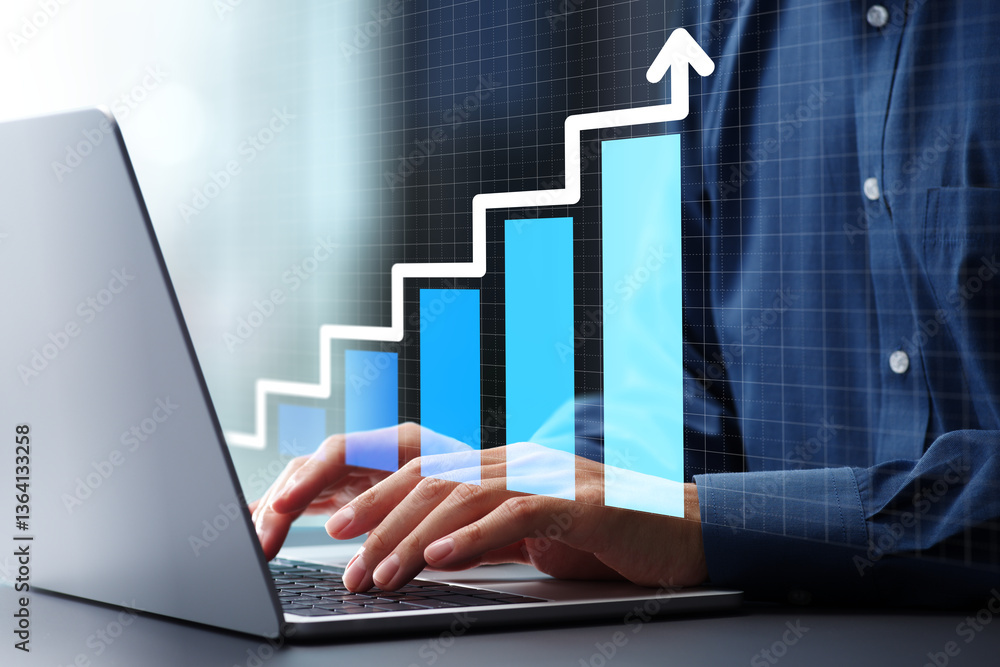 Aufkleber Growth graph and step up arrow. Business growth strategy and technological solutions. Businessman using laptop computer to manage business operations.