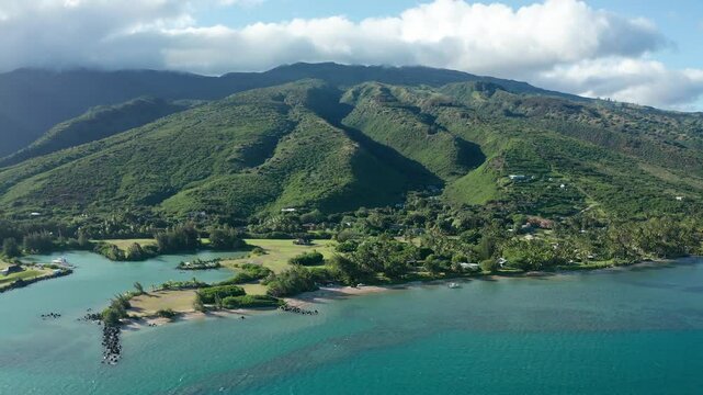 Molokai, Hawaii Coast Drone Shot Green Mountains Blue Ocean