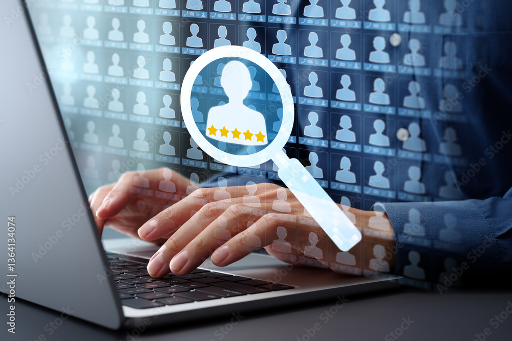 Poster Searching customer management database for target and lead. Analytics and scoring of key client information. Businessman typing on laptop computer keyboard at desk in office.