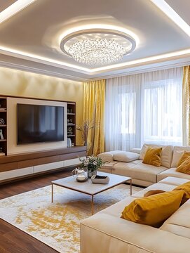 A modern living room with luxurious furniture and stylish lighting