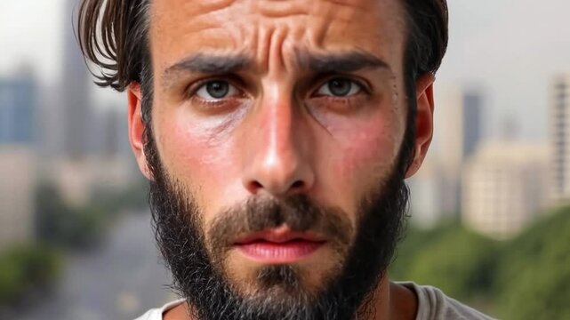 Miserable Man in The City: A portrait of a man with a beard in a city landscape, the man's facial expression depicts sadness or pain