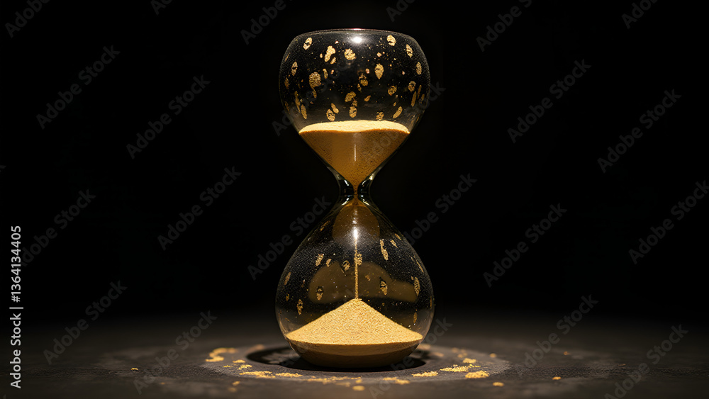 Poster ancestral hourglass where falling sands form generational silhouettes within an obsidian frame with 