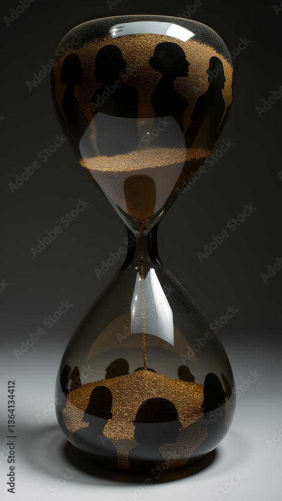 Poster ancestral hourglass where falling sands form generational silhouettes within an obsidian frame with 