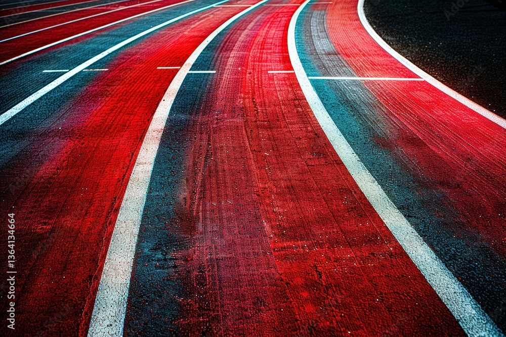 Poster a vibrant view of an athletic track, showcasing colorful lines curving in perspective, highlighting 