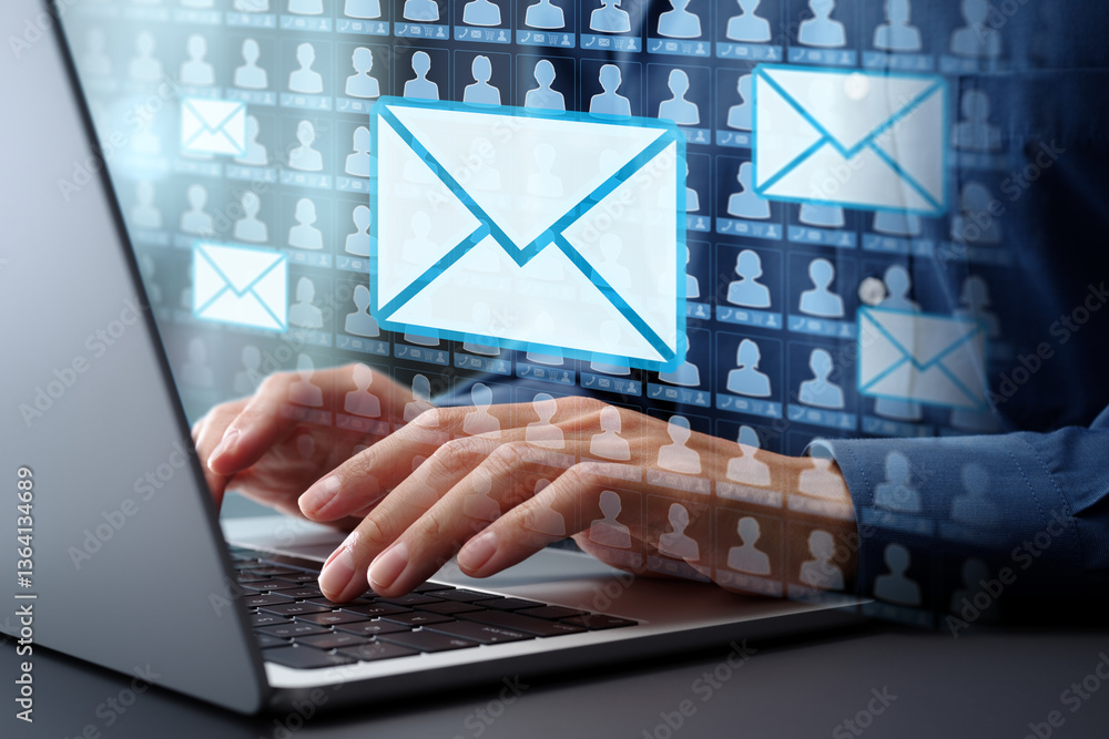 Leinwandbilder Email marketing automation technology and customer database. Businessman typing on laptop computer keyboard at desk in office.