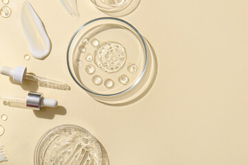 Petri dishes with different samples and pipettes on yellow background