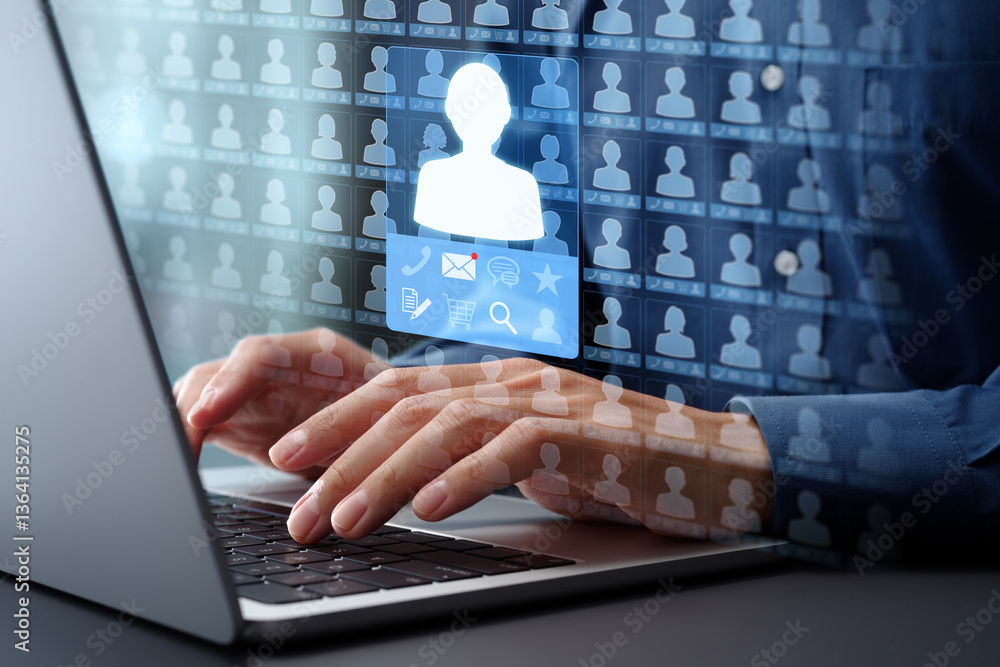 Poster Customer relationship management CRM and database of information. Client data collection system and accessing list. Businessman typing on laptop computer keyboard at desk in office.