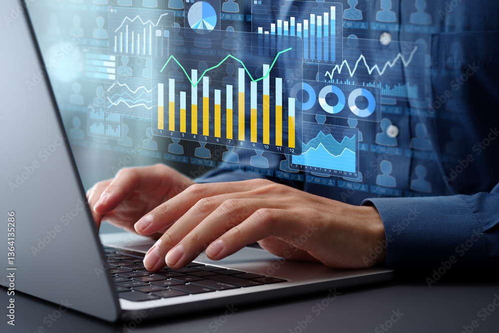 Leinwandbilder Customer data analytics and statistical marketing strategy. Graphs and customer database icons. Analyst using laptop computer to analyze data.
