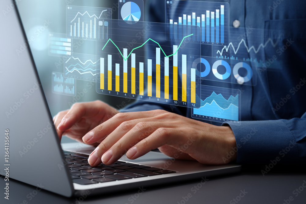 Poster Data analysis dashboard and statistical marketing graphs. Analytics of web customer behavior and financial data. Analyst using laptop computer to analyze data.