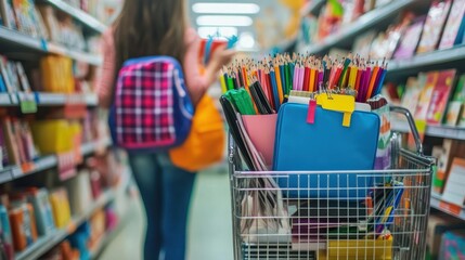 Mother and daughter shopping for back-to-school supplies, a shopping cart filled with stationery