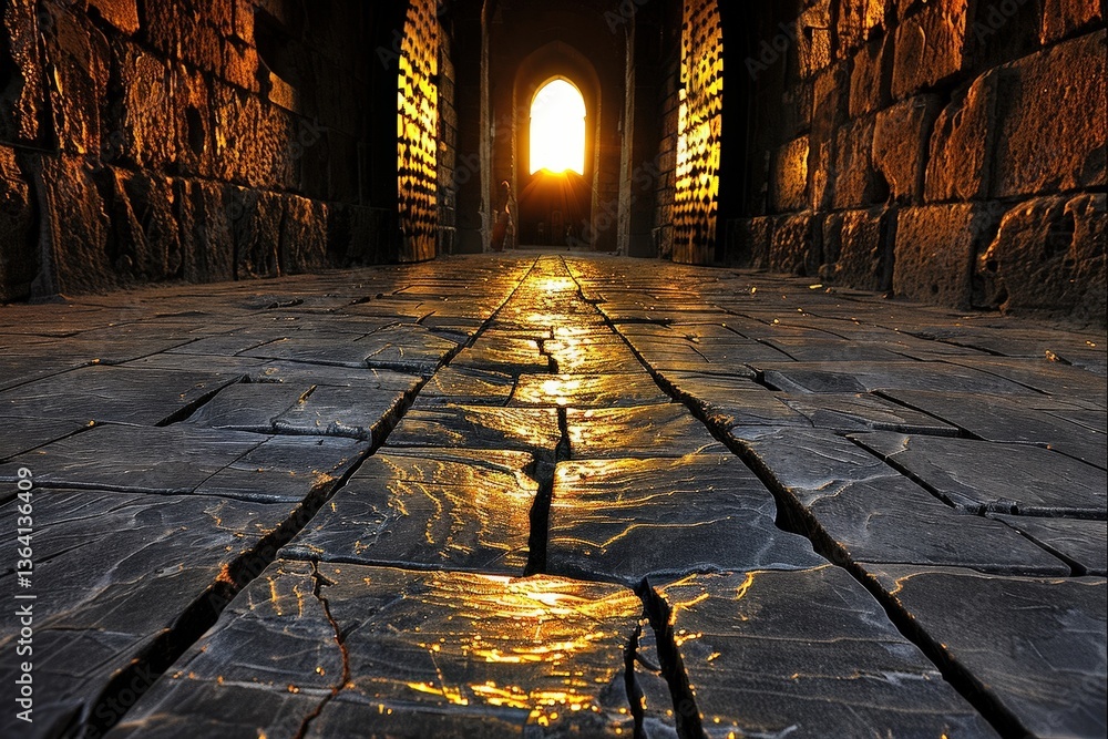 Poster a captivating corridor with a stone floor, illuminated by warm sunlight streaming through an archway