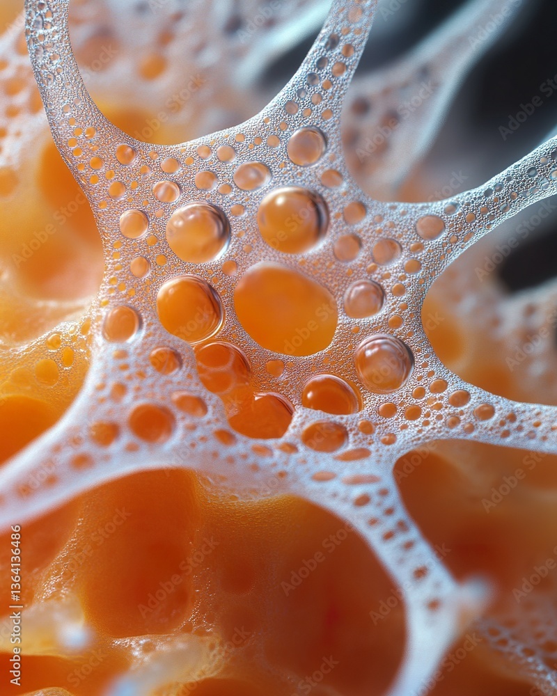 Poster macro photograph showing the foam structure on an orange colored surface