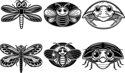Stylized Insect and Animal Vector Set &ndash; Butterflies, Ant, and Cat with Big Eyes