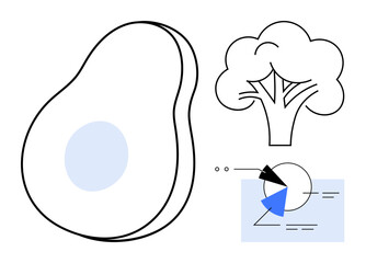 Avocado slice, broccoli, and abstract data pie chart with blue highlights suggesting nutritional choices. Ideal for health, wellness, food choices, dieting, sustainability, nutrition and data