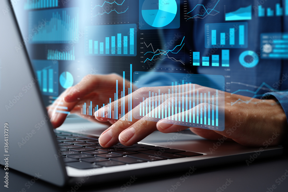 Fototapete Data analytics and graphs. Analysis of statistical business marketing data. Data scientist using laptop computer to analyze data.