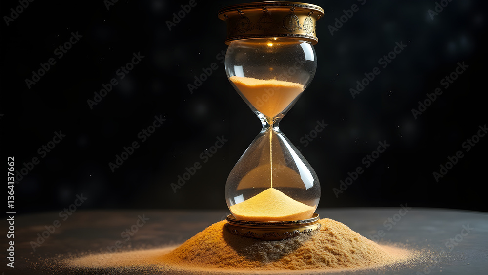 Poster cosmic knowledge hourglass where sands contain universal records within a celestial bronze frame wit