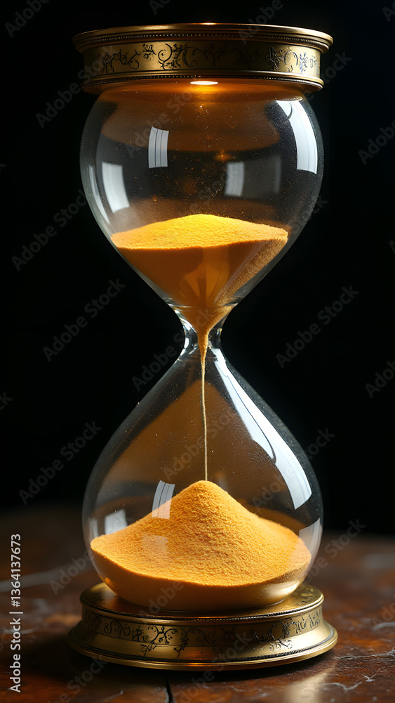 Poster cosmic knowledge hourglass where sands contain universal records within a celestial bronze frame wit