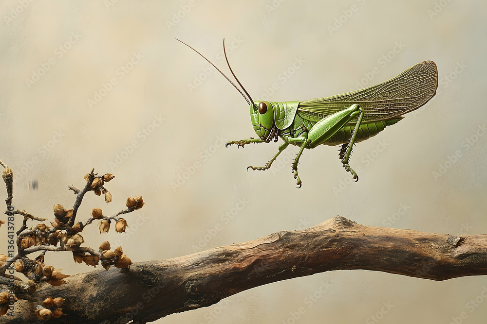 Poster macro image of a green grasshopper on a tree branch in the wild