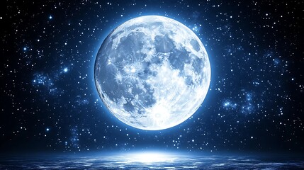 Full moon over calm water, starry night.