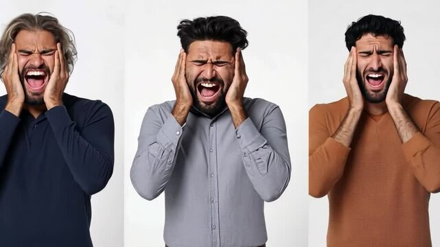 Three men in Agony: A powerful image captures three men in varying stages of distress, with expressions of pain and despair etched on their faces and hands over their ears.