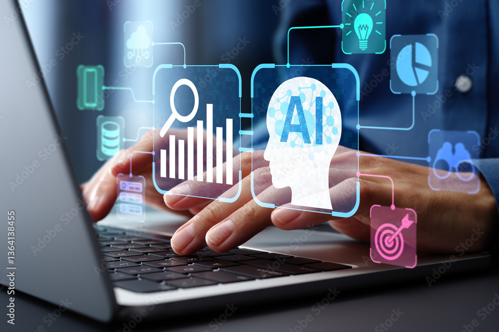 Aufkleber AI-powered automated data analysis and data mining. Artificial intelligence analyzing big data. Businessman using laptop computer to instruct AI agent.