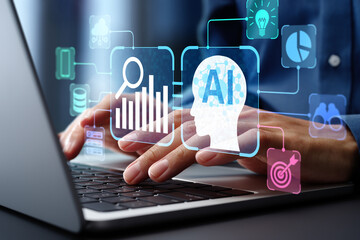 AI-powered automated data analysis and data mining. Artificial intelligence analyzing big data. Businessman using laptop computer to instruct AI agent.