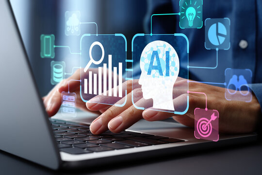 AI-powered automated data analysis and data mining. Artificial intelligence analyzing big data. Businessman using laptop computer to instruct AI agent.