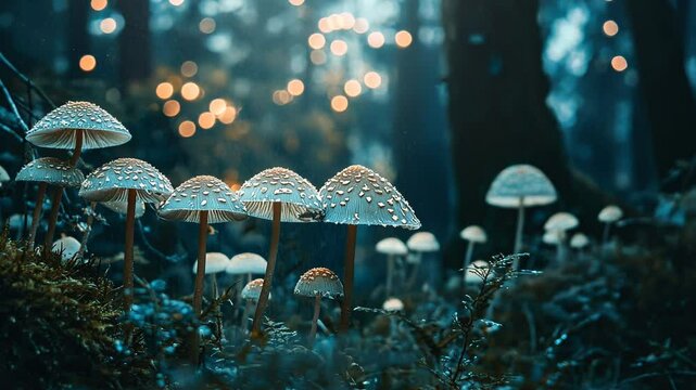 Dew-kissed mushrooms in an enchanted forest