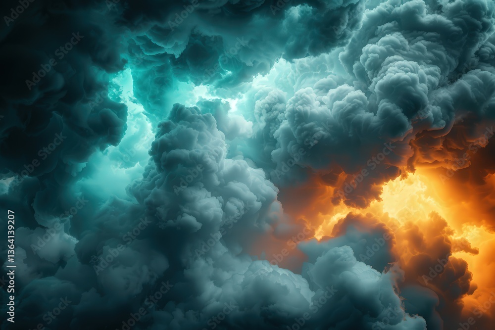 Poster a dramatic sky filled with swirling clouds in shades of turquoise and orange, creating a vivid and d