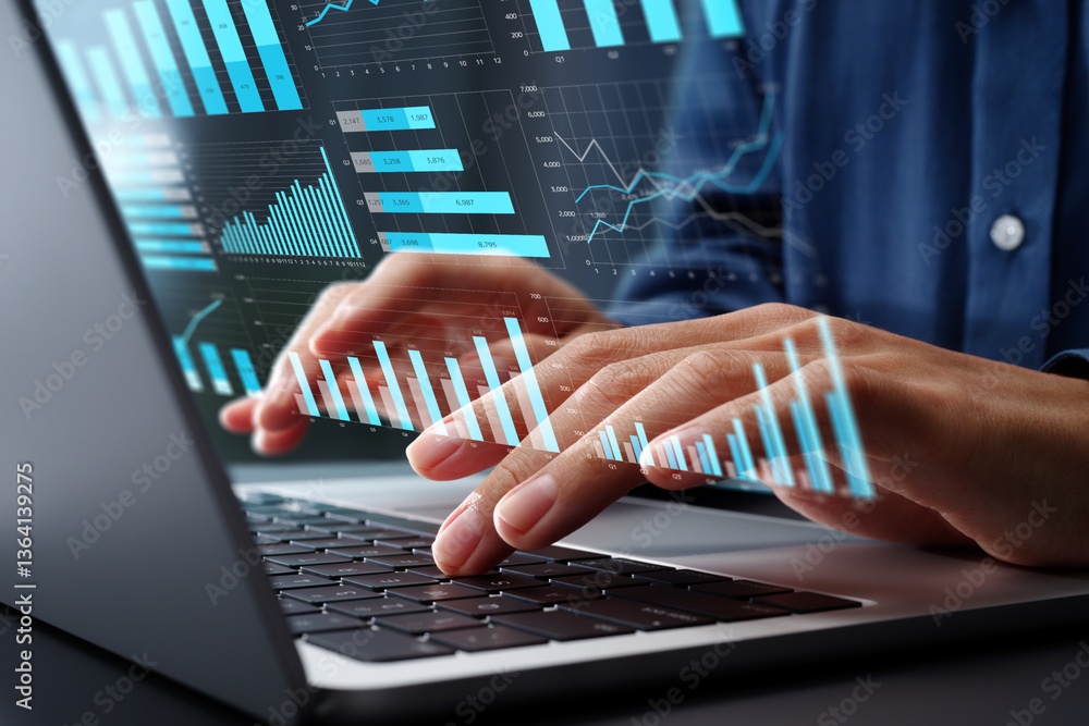Poster Statistical business reports and financial data analysis. Graphs and charts about financial result on dashboard. Analyst using laptop computer to analyze data.