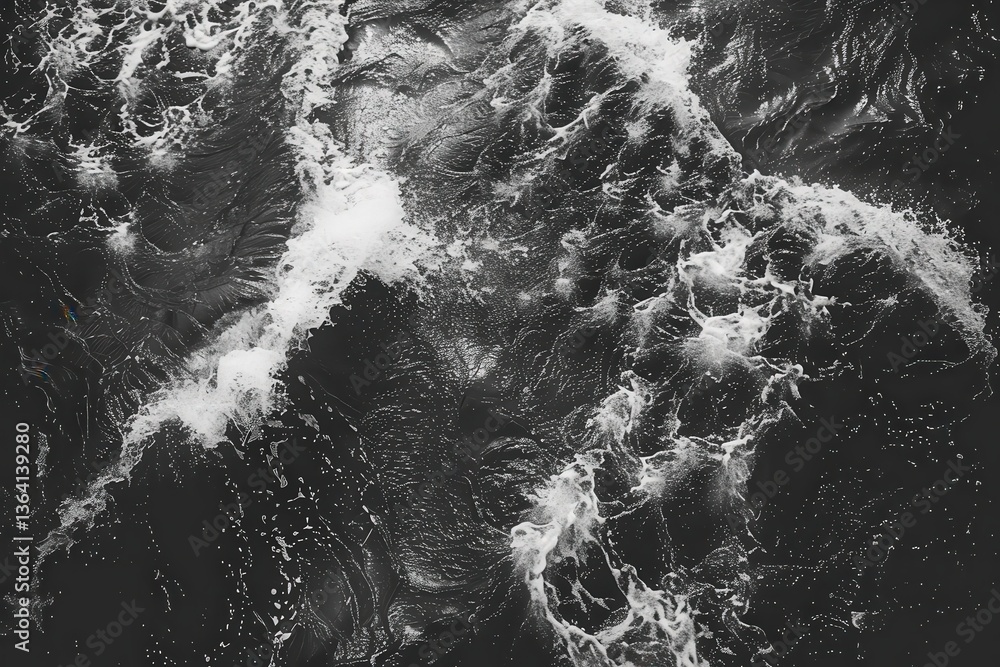 Poster a dynamic view of turbulent water, showcasing frothy waves and dark currents, creating a striking co
