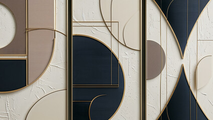 A stylish triptych wall art showcasing abstract geometric patterns in muted tones of beige, deep navy, and metallic gold.
