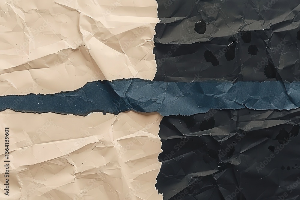 Poster a close-up of crumpled paper with contrasting colors creating a textured, abstract design of beige, 