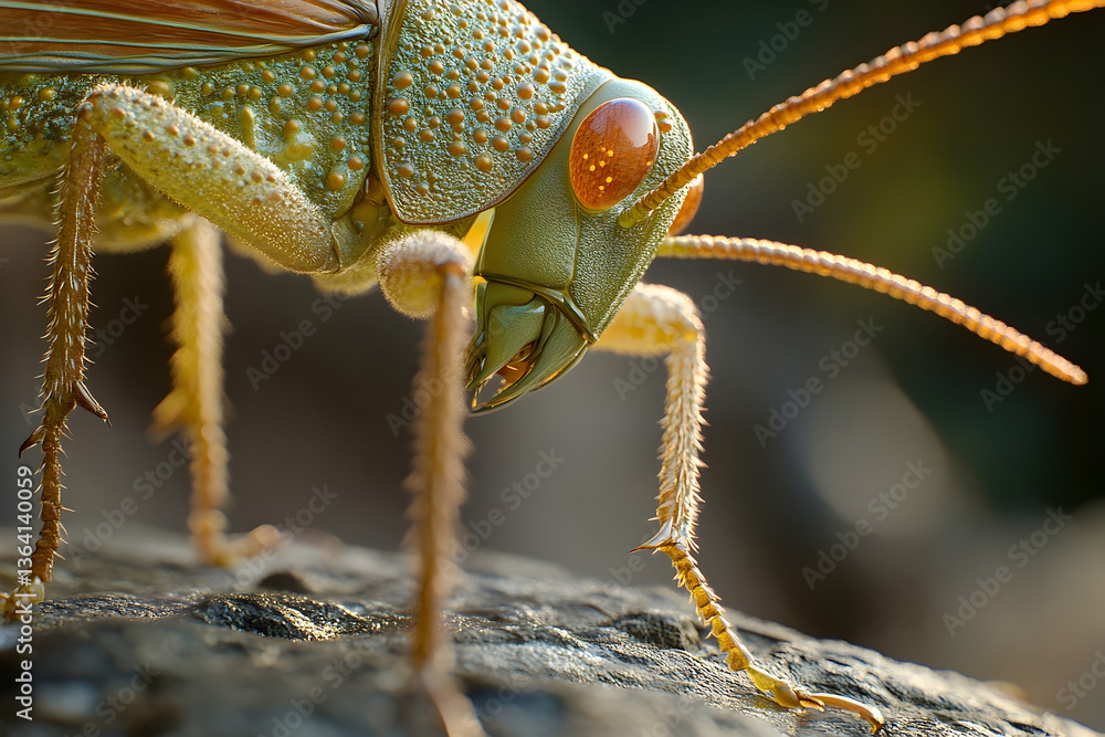 Poster intricate macro shot of a green grasshopper showcasing its detailed exoskeleton and vibrant colors