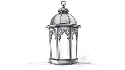 Detailed monochrome pencil sketch of an ornate lantern