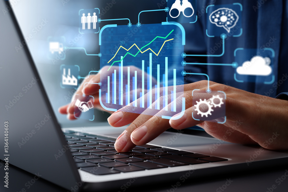 Leinwandbilder Business intelligence and data-driven management strategy. Data analytics and key performance indicators KPI. Manager using laptop computer to analyze data.