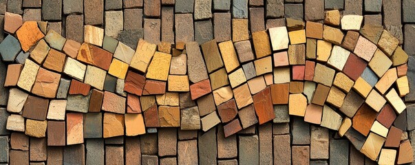Abstract Stone Mosaic Wave Pattern on Brick Wall