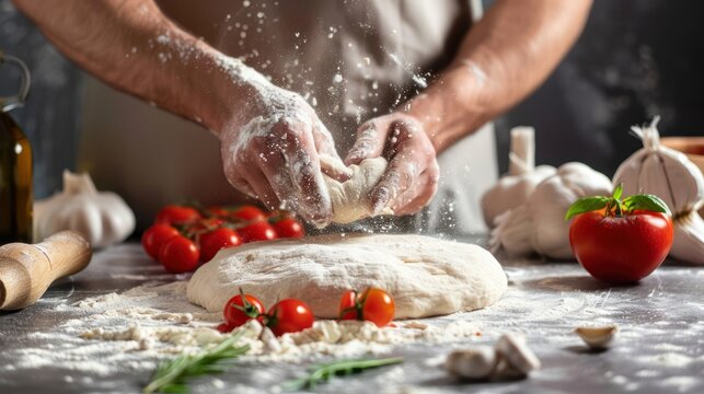 A chef preparing a pizza dough, stretching it out on a floured surface with hands and rolling pin, surrounded by ingredients.