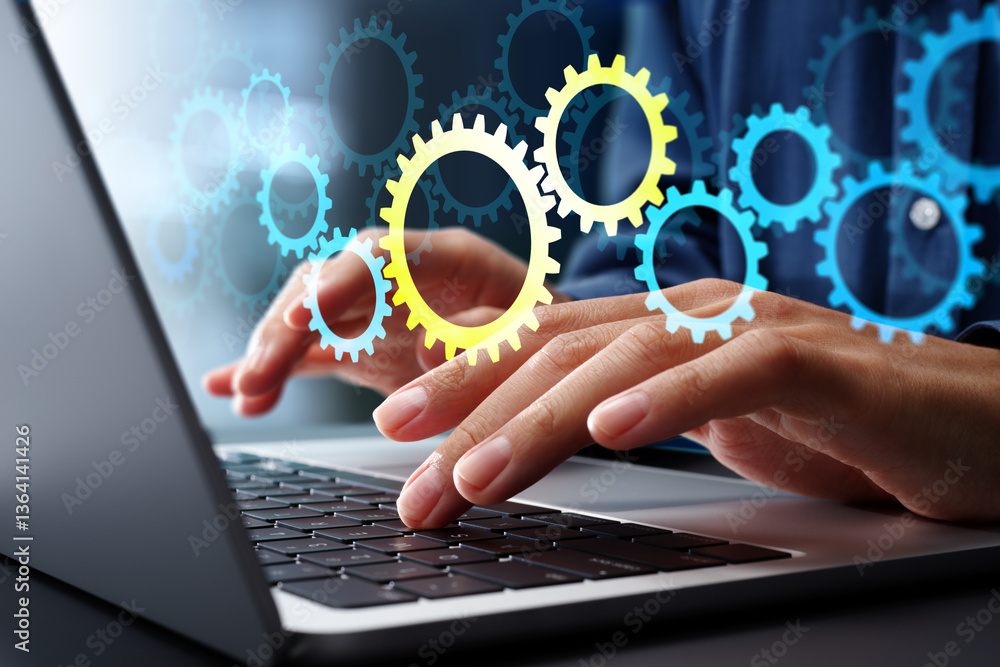 Poster Business workflow automation technologies and systems. Many gear icons. Businessman using laptop computer to manage process automation technology.