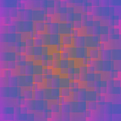Abstract geometric background with overlapping squares in purple, blue, and orange colors, digital illustration