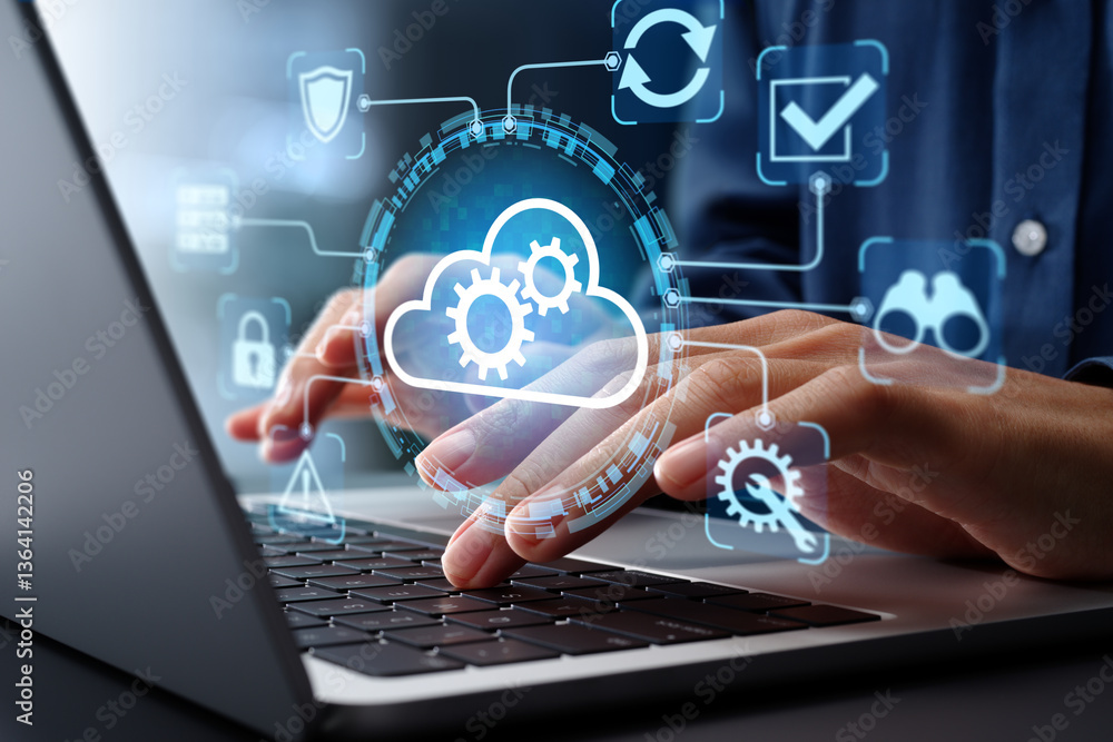 Poster Cloud automation and management systems. Businessman using laptop computer for cloud computing.
