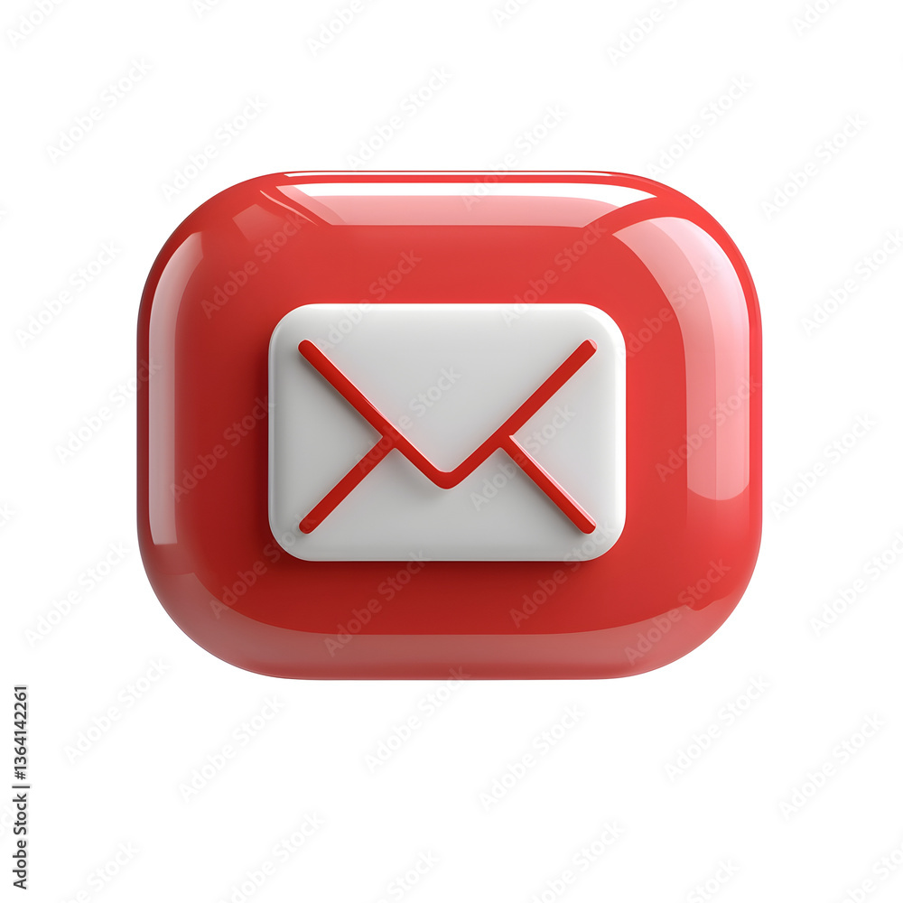 Aufkleber close up photography of a sleek rounded red glass email envelope icon with a subtle iridescent glow 