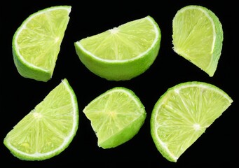 Fresh lime slices arrangement on black background in various sizes, exhibiting vibrant color and rough texture.