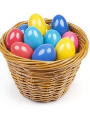 A woven basket filled with colorful dyed easter eggs