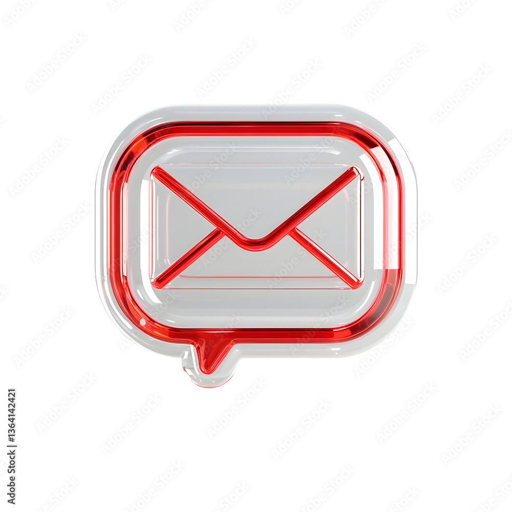 Poster close up photography of a minimalistic red glass holographic ui icon of an email envelope with a fut