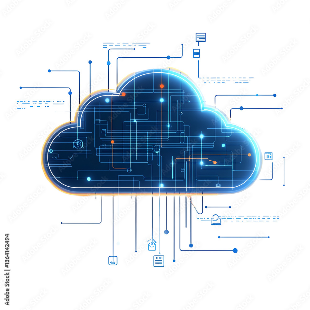 Poster A digital depicting a sleek crystalline cloud like icon with a futuristic holographic user interface and vibrant gradient shading