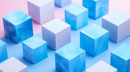 Fototapeta premium Surreal Blue Blocks in Cloudy Cityscape, Surreal image of tall blue rectangular blocks emerging from clouds, creating an ethereal cityscape