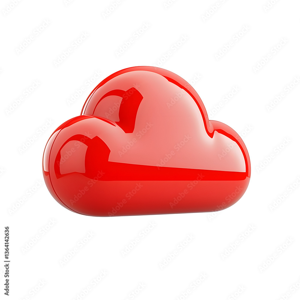 Poster Close up view of a sleek glossy red cloud shaped digital icon with a smooth reflective surface exhibiting a modern and minimalist aesthetic on a transparent background