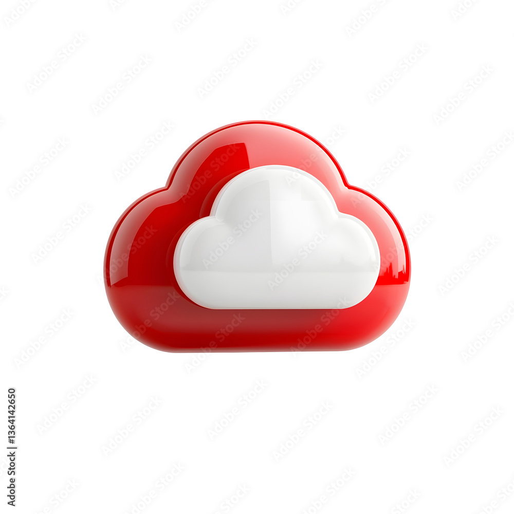 Poster A close up 3D rendered image of a sleek glossy red cloud shaped icon with a velvety gradient surface soft shadows